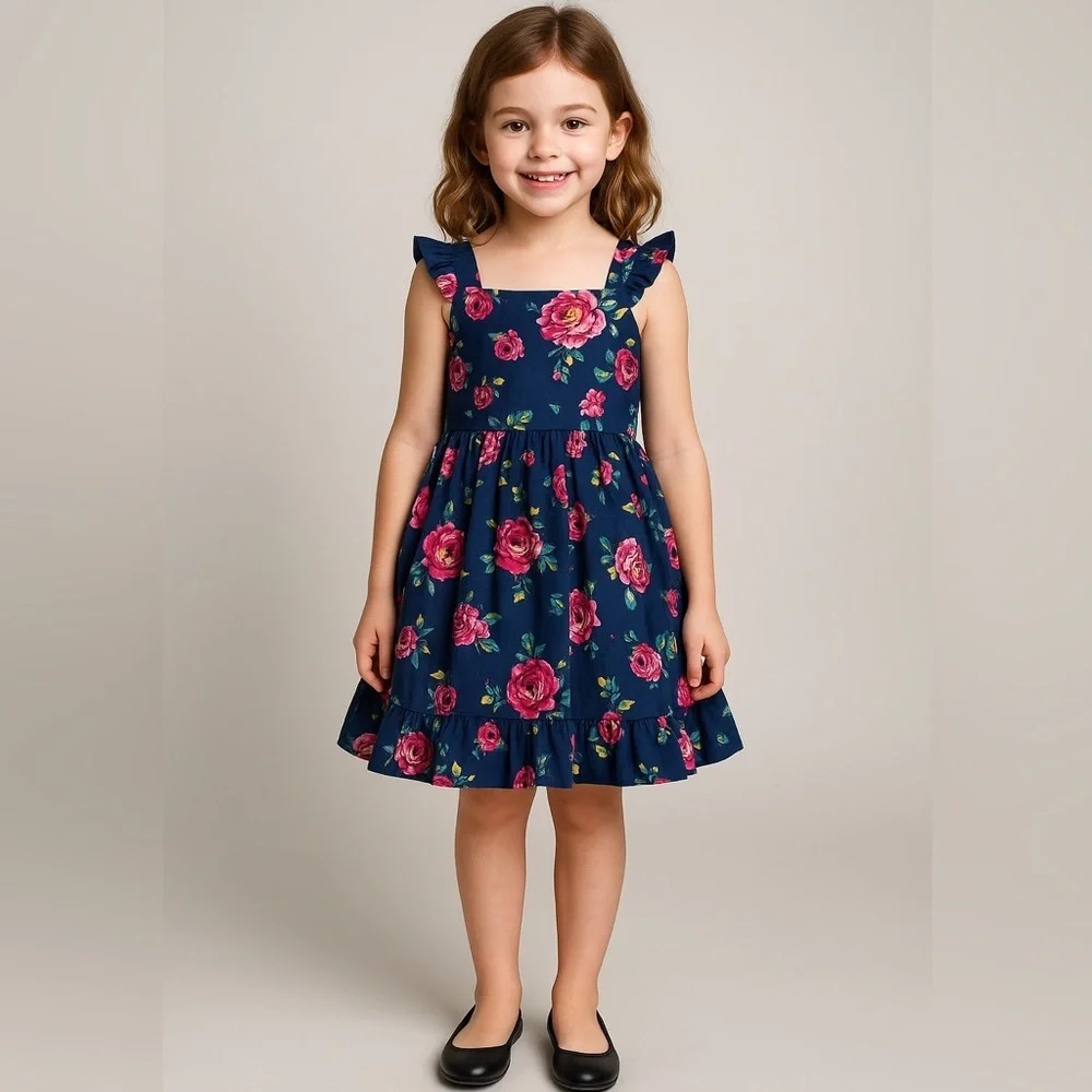 New! Zunie Girl Cotton Floral A-Line Knee-Length Dress Navy‎ Multi, size 14-16
